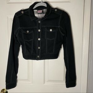 Juniors Black Cropped Button-Up Cotton Jacket Size L